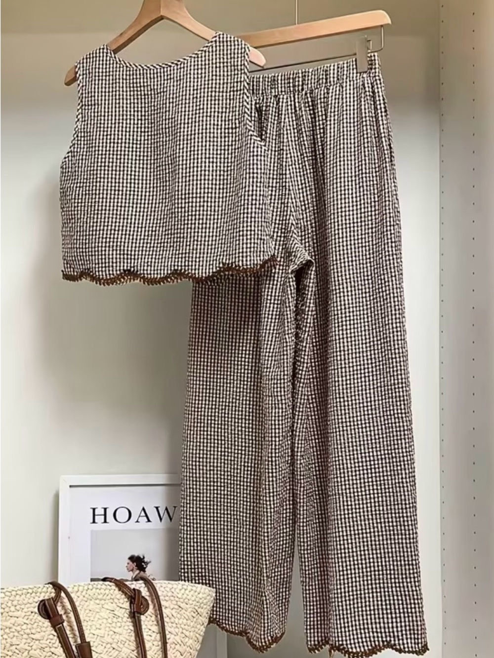 Womens Brown Gingham Two-Piece Top & Wide-Leg Pants Set